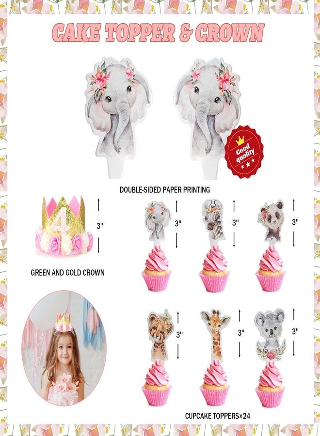Fiesec Four Ever Wild Birthday Decorations Girl, Jungle Safari Animal Theme 4th Party Decorations Backdrop Balloons Garland Banner Cake Cupcake Topper Poster Crown Lion Cheetah Giraffe Pink 115 PCs - Image 4